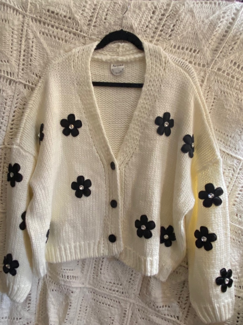 Arula Cream Cardigan Sweater 2X Floral Appliqué Rhinestone Button Front